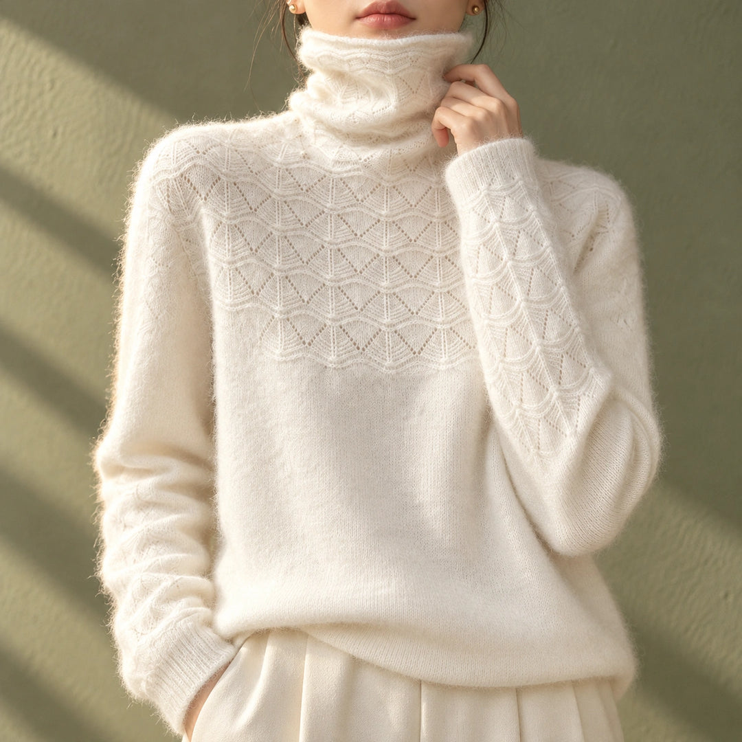 Elizabeth Cashmere Pointelle Turtleneck Sweater - White
