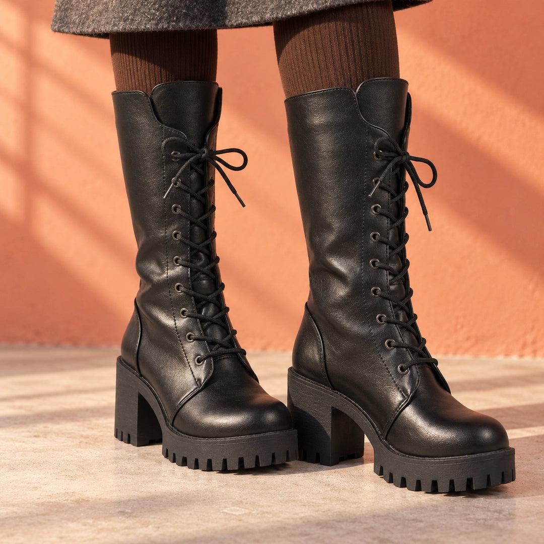Ellie Glossy Leather Look Lug Platform Boots - Black
