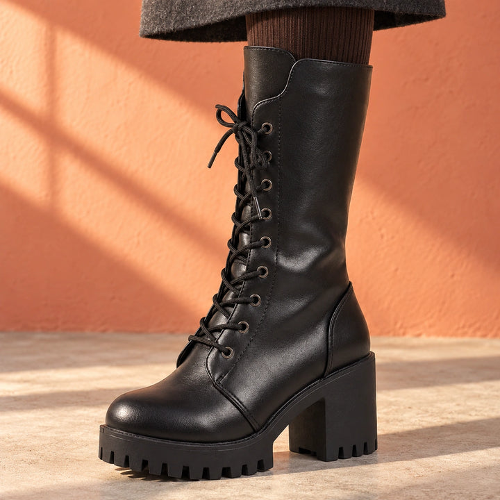 Ellie Glossy Leather Look Lug Platform Boots - Black