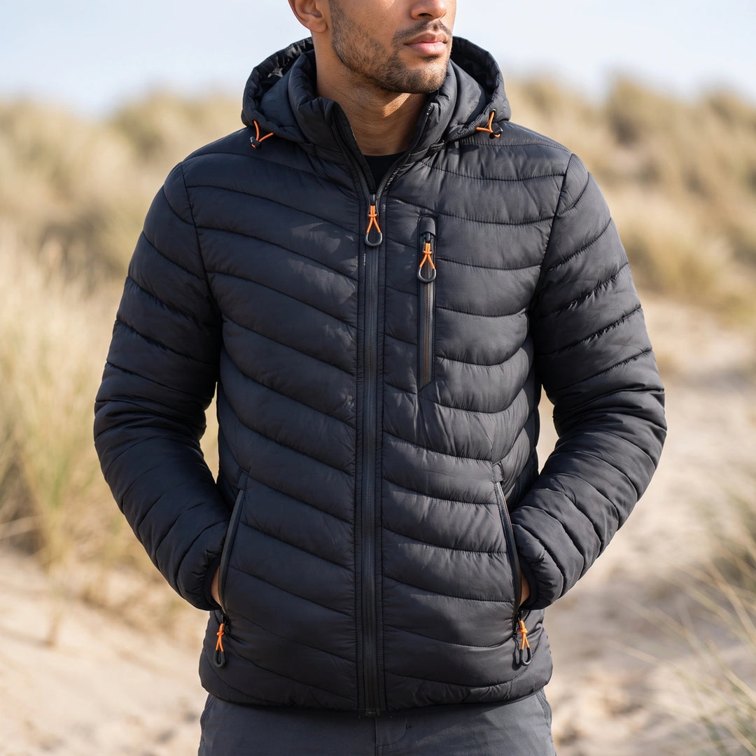 Ellis Hooded Chevron Puffer Jacket - Black