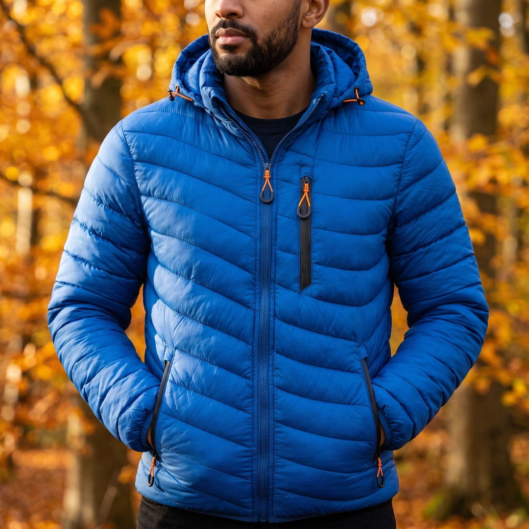 Ellis Hooded Chevron Puffer Jacket - Blue