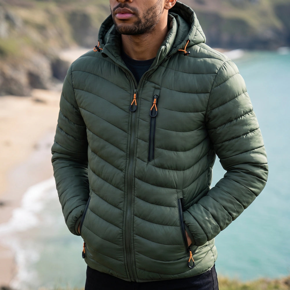 Ellis Hooded Chevron Puffer Jacket - Green