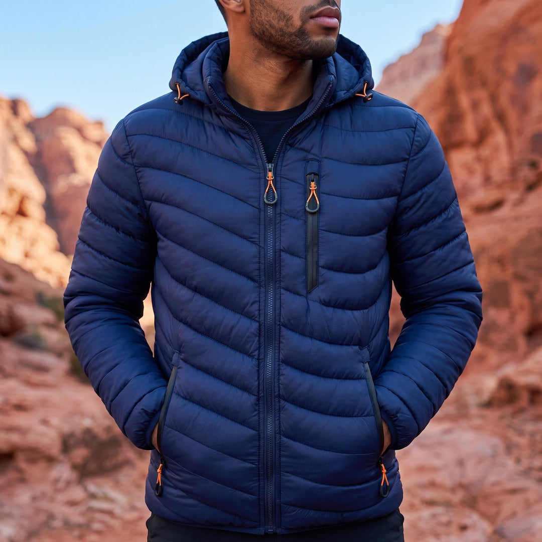 Ellis Hooded Chevron Puffer Jacket - Navy