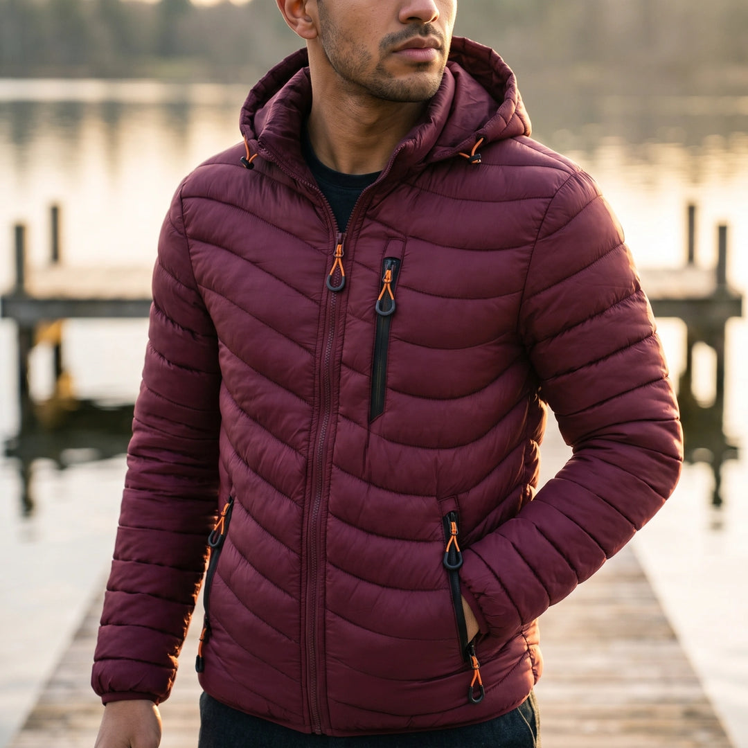 Ellis Hooded Chevron Puffer Jacket - Wine