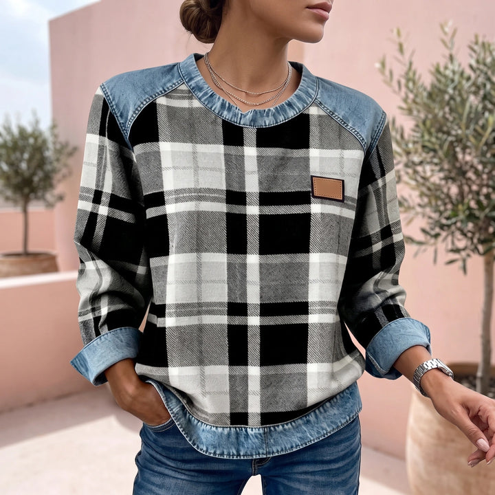 Elowyn Plaid Denim Patchwork Sweatshirt - Black