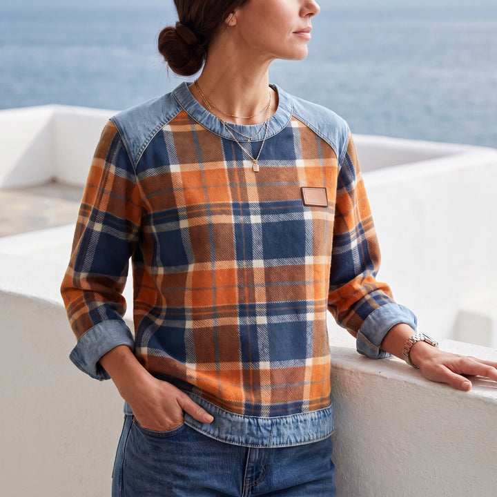 Elowyn Plaid Denim Patchwork Sweatshirt - Orange