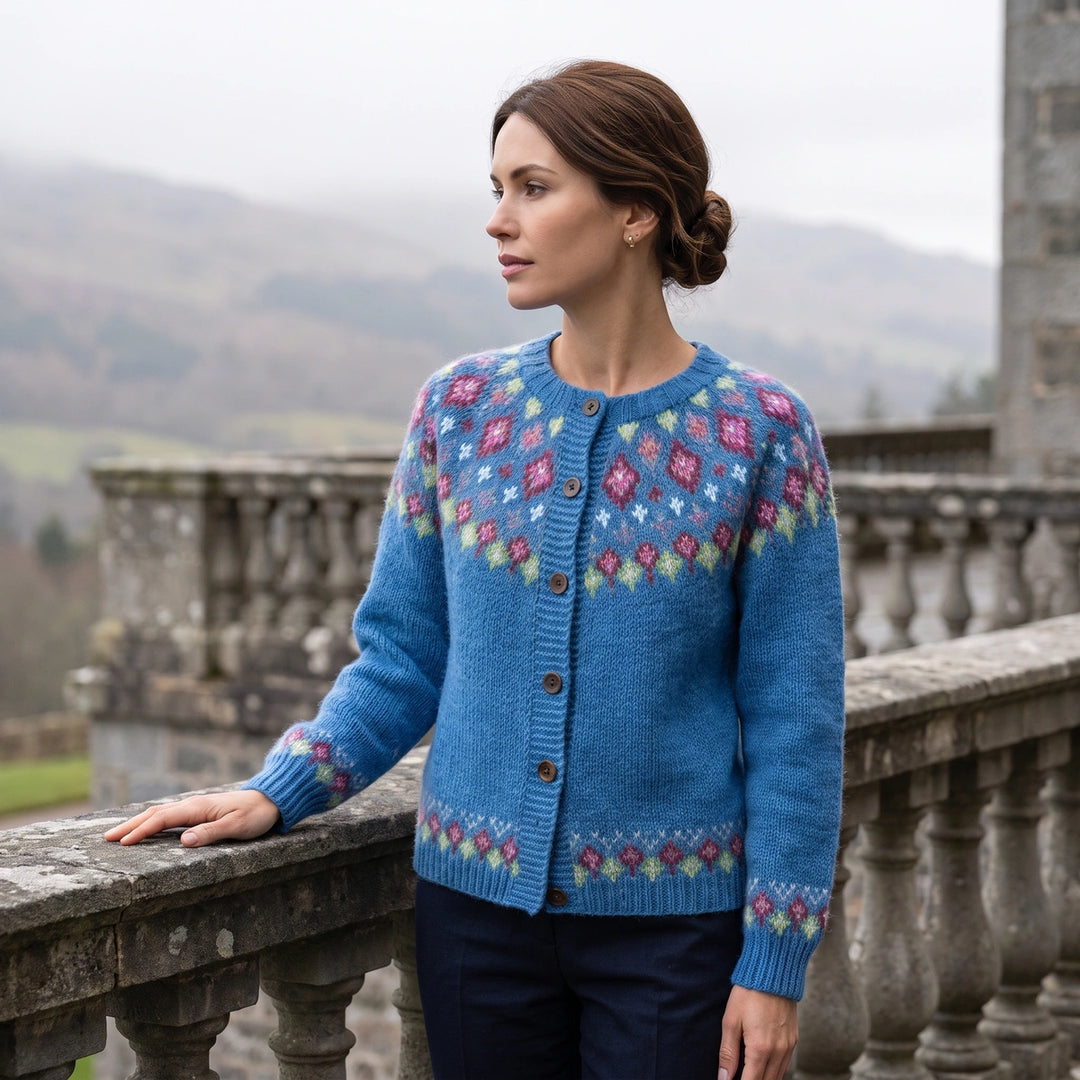 Elsie Fair Isle Yoke Knit Cardigan - Blue
