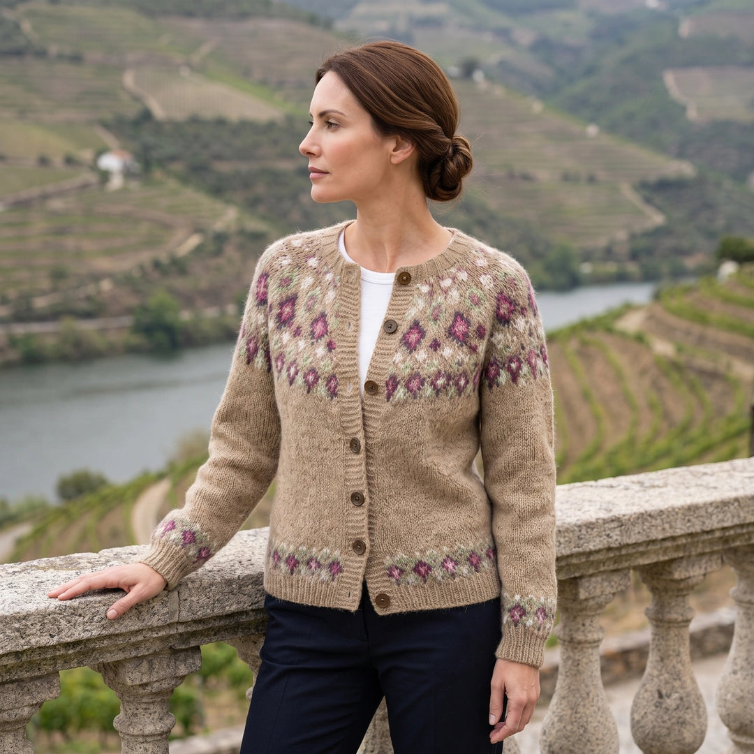 Elsie Fair Isle Yoke Knit Cardigan - Camel