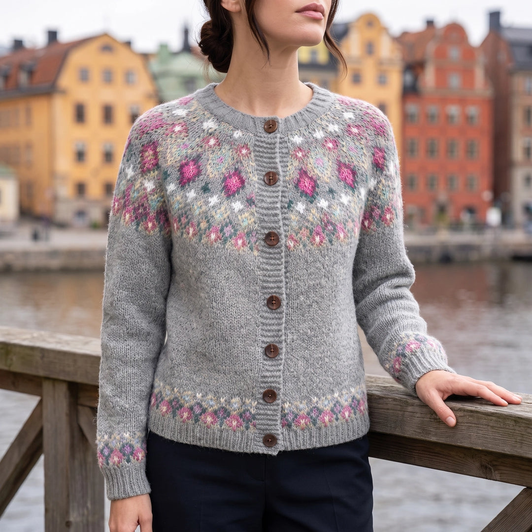Elsie Fair Isle Yoke Knit Cardigan - Gray