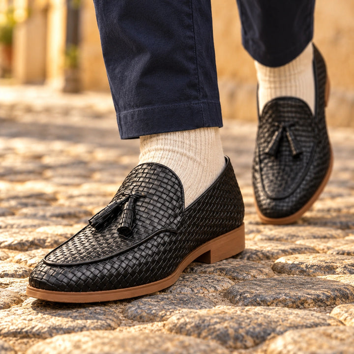 Elton Woven Leather Tassel Loafers - Black
