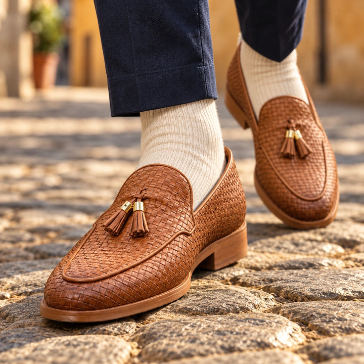 Elton Woven Leather Tassel Loafers - Brown