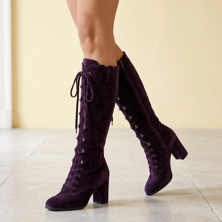 Elvira Suede Corset Lace Block Heel Tall Boots - Purple