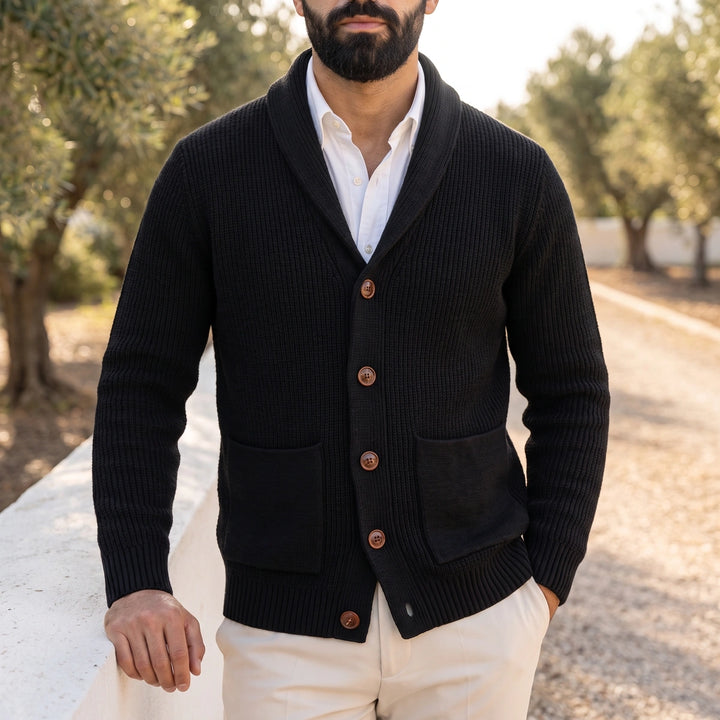 Emil Waffle Knit Shawl Collar Cardigan - Black