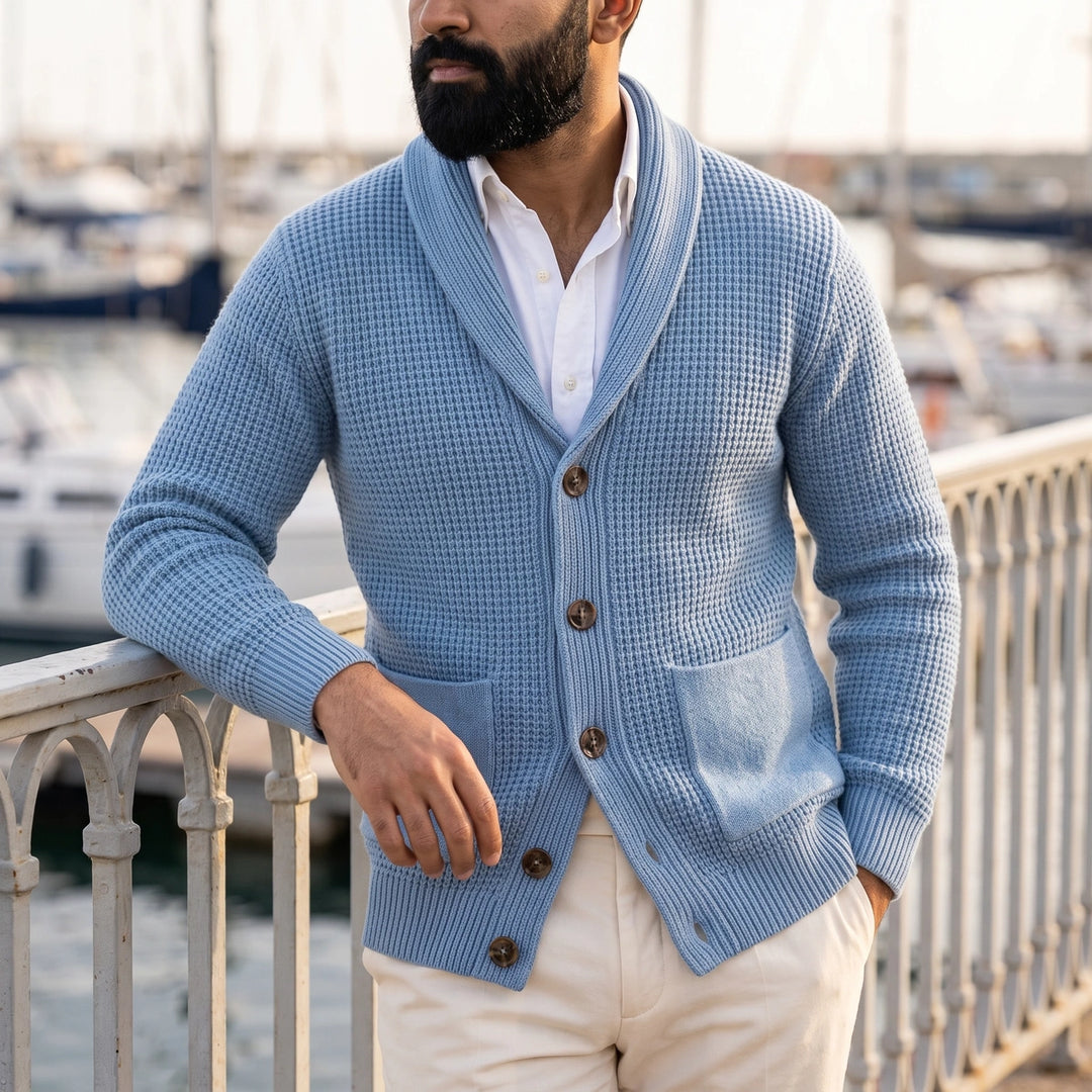 Emil Waffle Knit Shawl Collar Cardigan - Blue