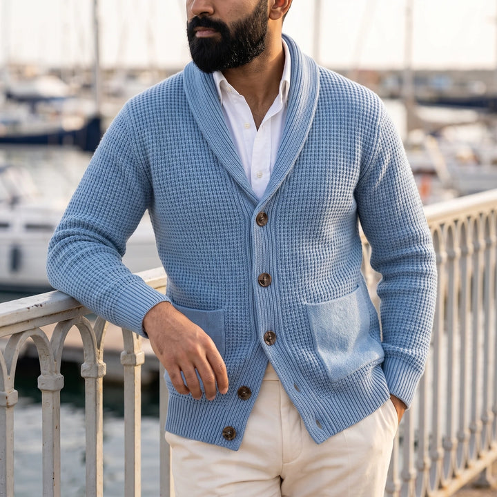 Emil Waffle Knit Shawl Collar Cardigan - Blue
