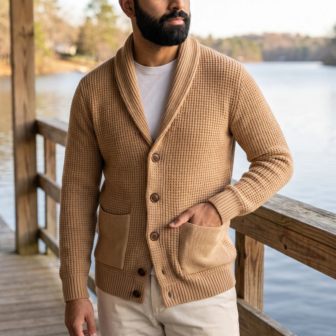 Emil Waffle Knit Shawl Collar Cardigan - Brown