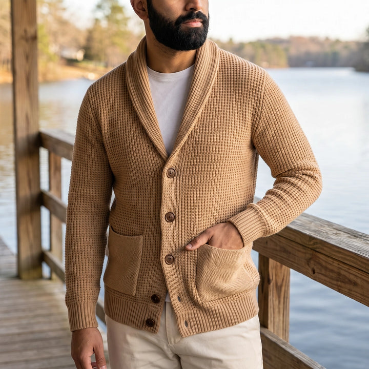 Emil Waffle Knit Shawl Collar Cardigan - Brown