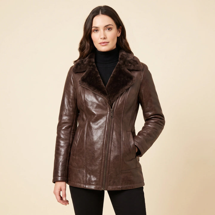 Emmeline Shearling Lined Leather Jacket - Brown