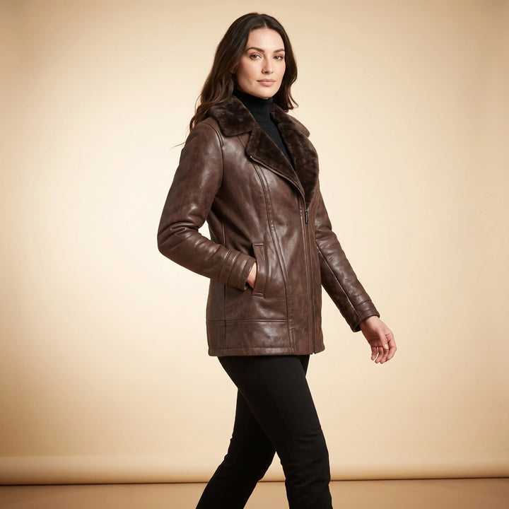 Emmeline Shearling Lined Leather Jacket - Brown