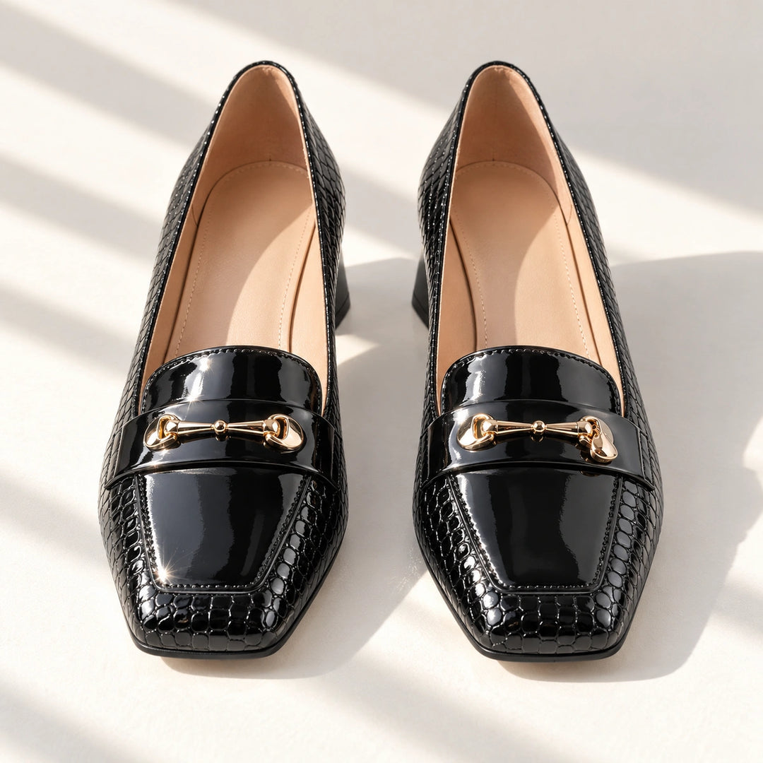 Erin Glossy Croc Horsebit Block Heel Loafer Pumps - Black