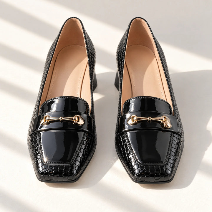 Erin Glossy Croc Horsebit Block Heel Loafer Pumps - Black
