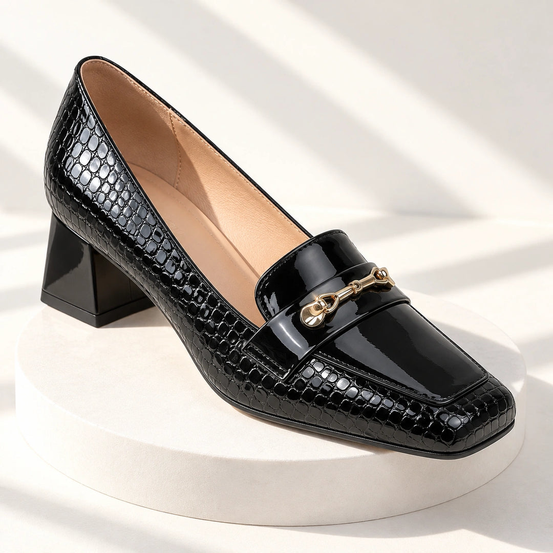 Erin Glossy Croc Horsebit Block Heel Loafer Pumps - Black