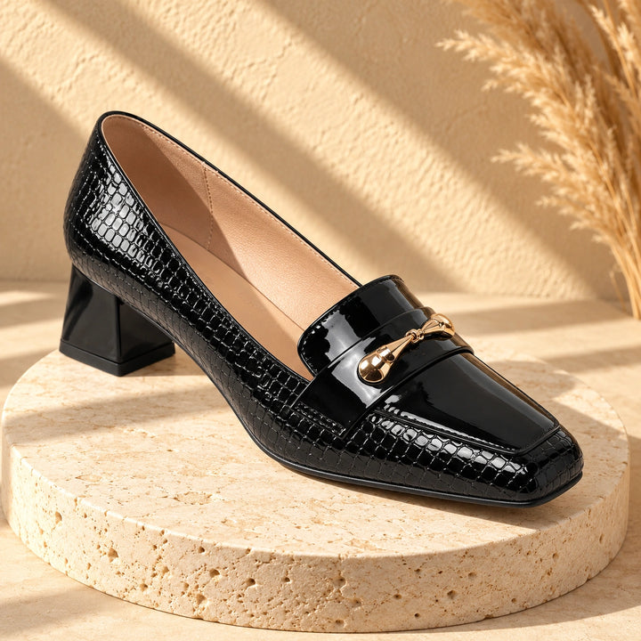 Erin Glossy Croc Horsebit Block Heel Loafer Pumps - Black