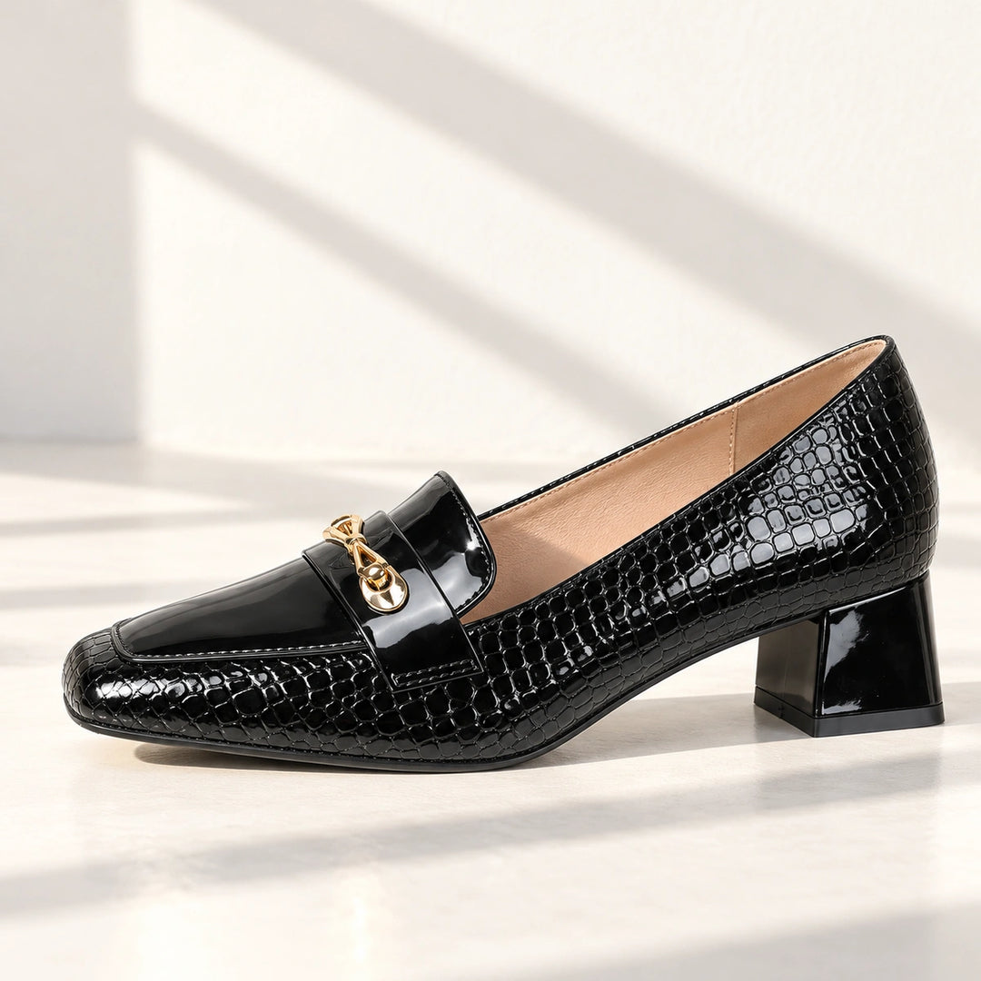 Erin Glossy Croc Horsebit Block Heel Loafer Pumps - Black