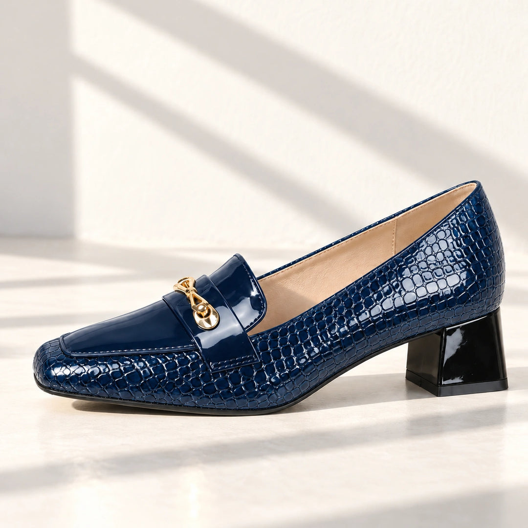 Erin Glossy Croc Horsebit Block Heel Loafer Pumps - Navy