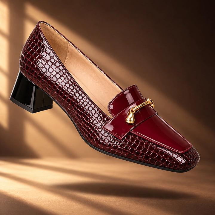 Erin Glossy Croc Horsebit Block Heel Loafer Pumps - Wine Red