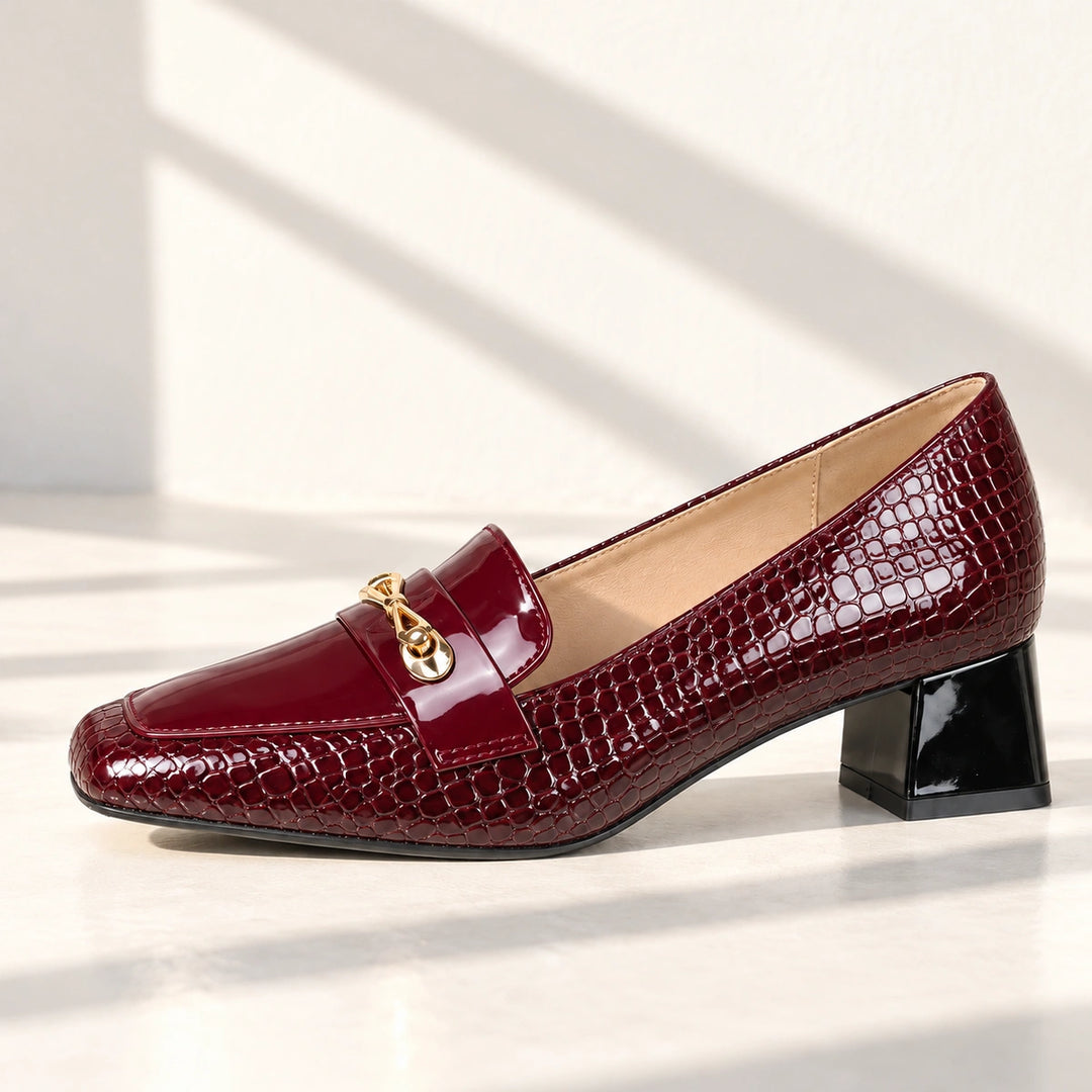 Erin Glossy Croc Horsebit Block Heel Loafer Pumps - Wine Red