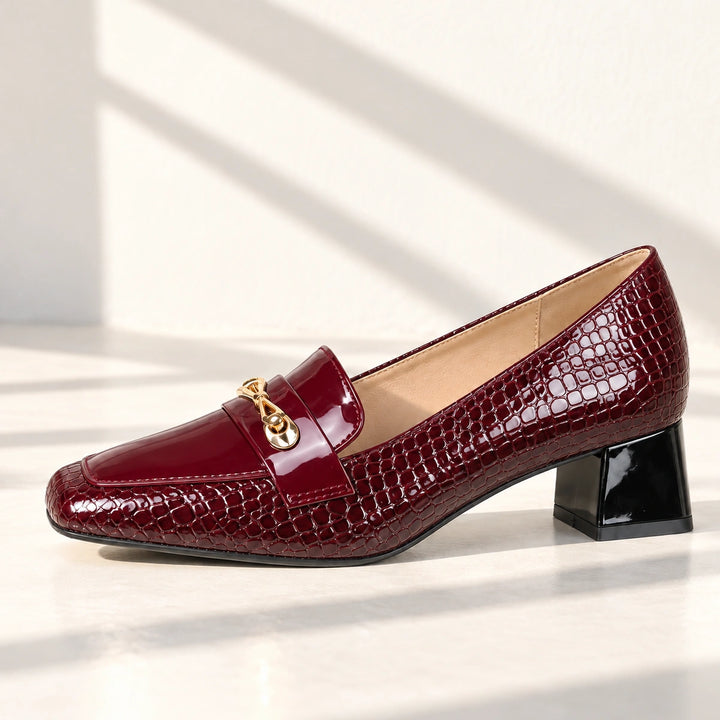 Erin Glossy Croc Horsebit Block Heel Loafer Pumps - Wine Red