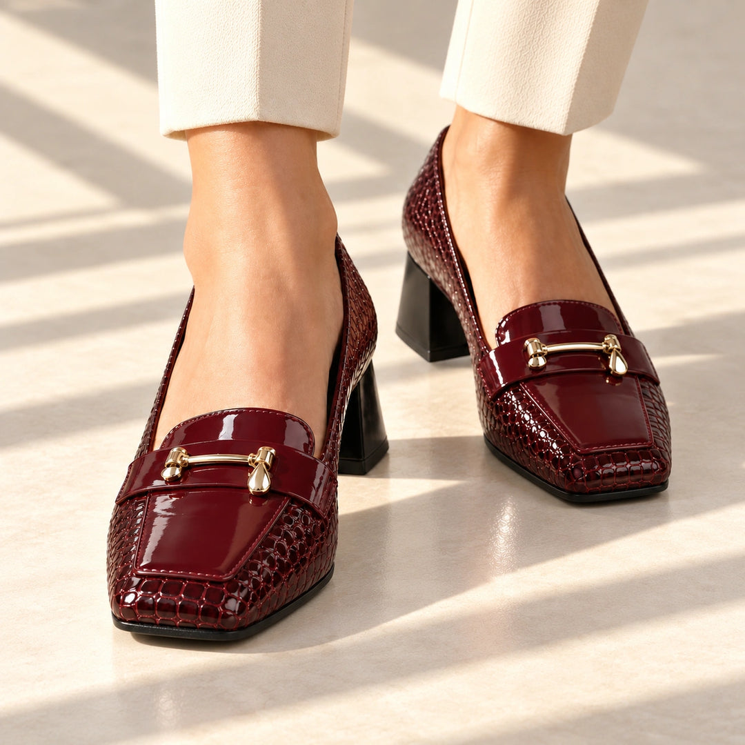 Erin Glossy Croc Horsebit Block Heel Loafer Pumps - Wine Red