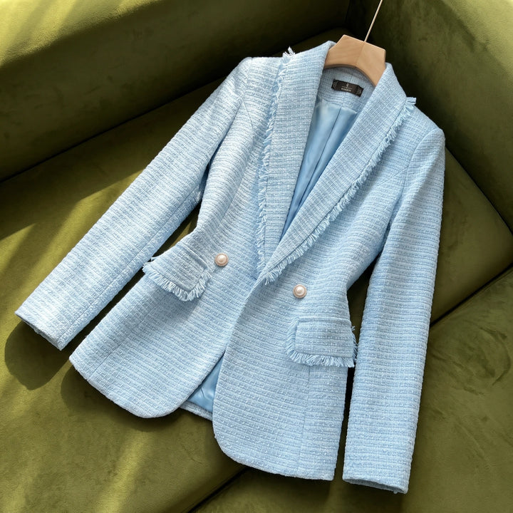 Esme Fringed Tweed Blazer - Blue