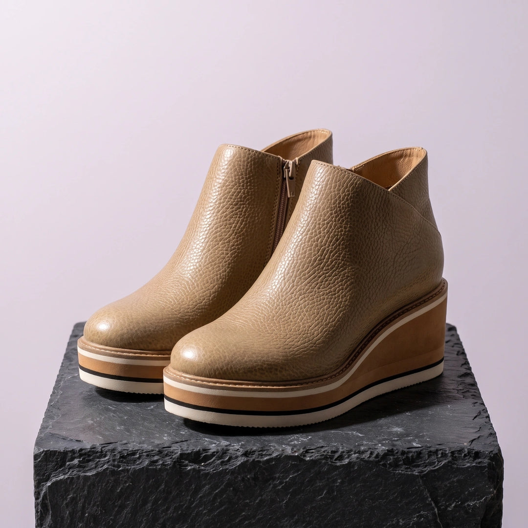 Eulalia Grained Vegan Leather Striped Wedge Booties - Beige
