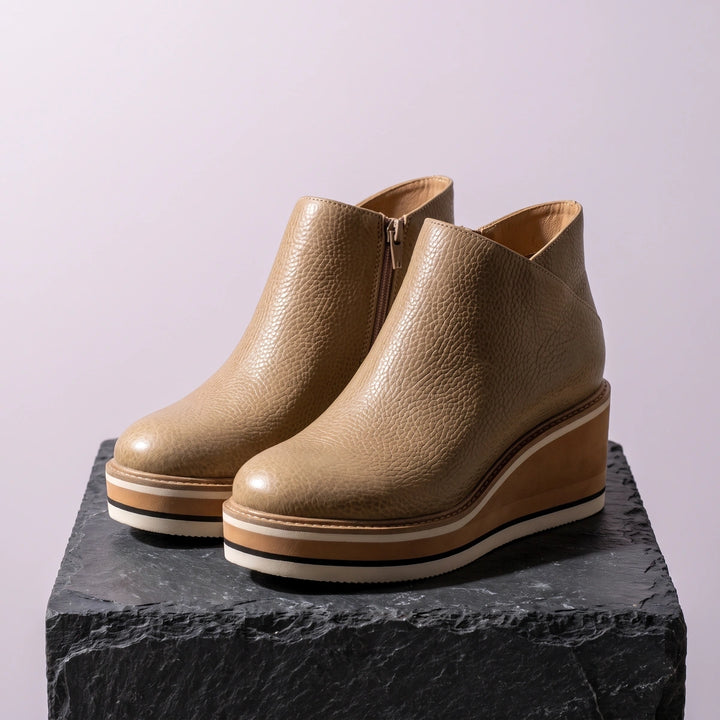 Eulalia Grained Vegan Leather Striped Wedge Booties - Beige