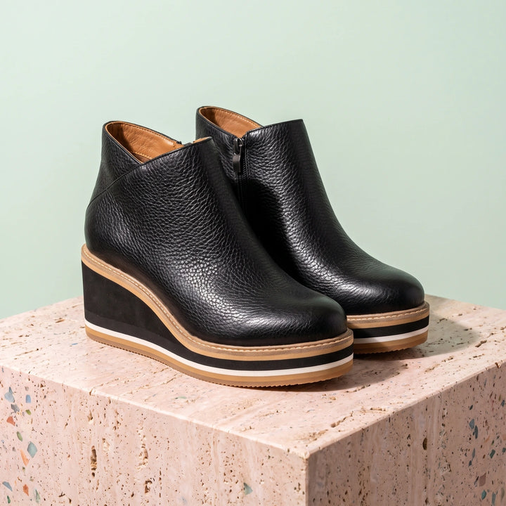Eulalia Grained Vegan Leather Striped Wedge Booties - Black