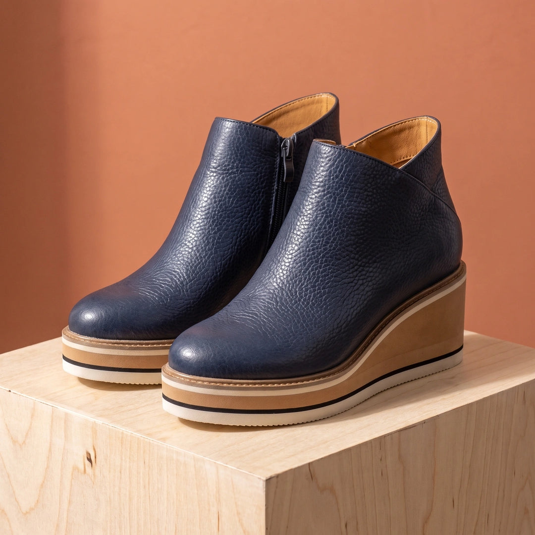 Eulalia Grained Vegan Leather Striped Wedge Booties - Blue