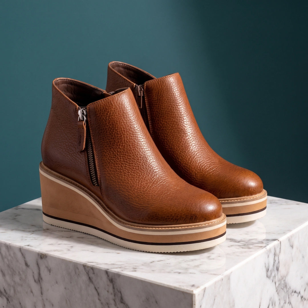 Eulalia Grained Vegan Leather Striped Wedge Booties - Brown