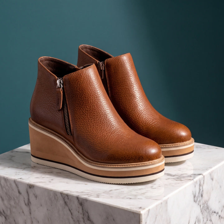 Eulalia Grained Vegan Leather Striped Wedge Booties - Brown