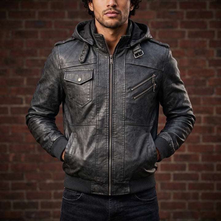 Evander Embroidered Leather Jacket - Gray