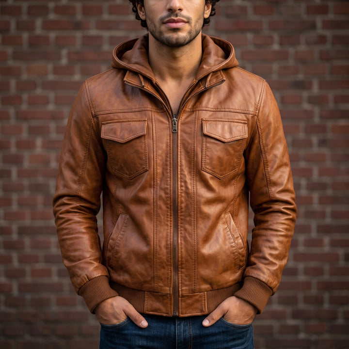 Evander Embroidered Leather Jacket - Brown