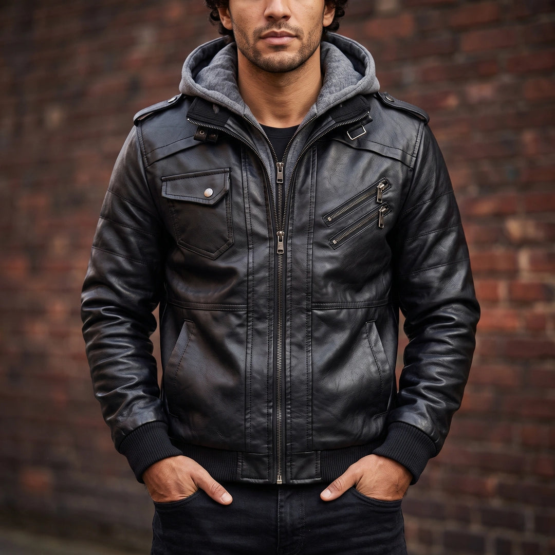 Evander Embroidered Leather Jacket - Black