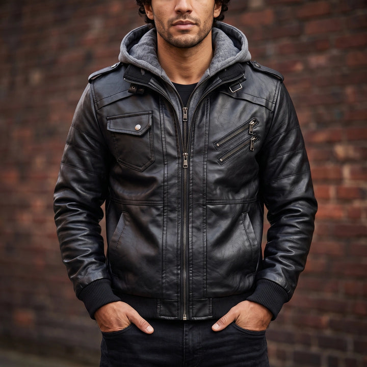 Evander Embroidered Leather Jacket - Black