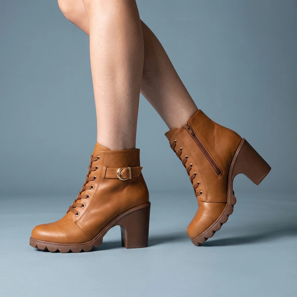 Fabienne Buckle Strap Lace Up Heeled Ankle Boots - Brown