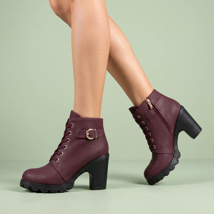 Fabienne Buckle Strap Lace Up Heeled Ankle Boots - Burgundy