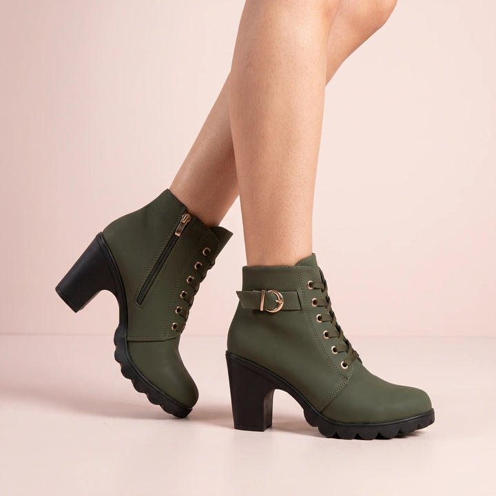 Fabienne Buckle Strap Lace Up Heeled Ankle Boots - Green