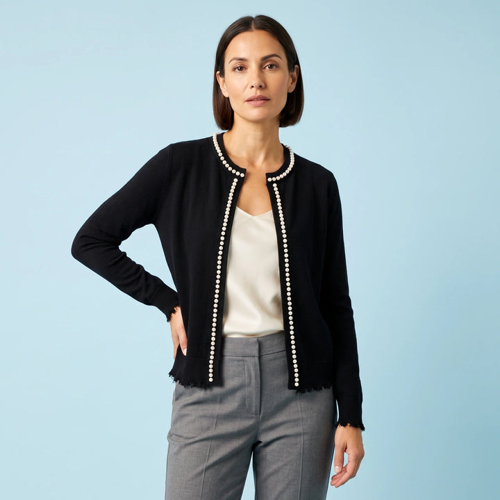 Felicity Pearl Edge Open Front Cardigan - Black