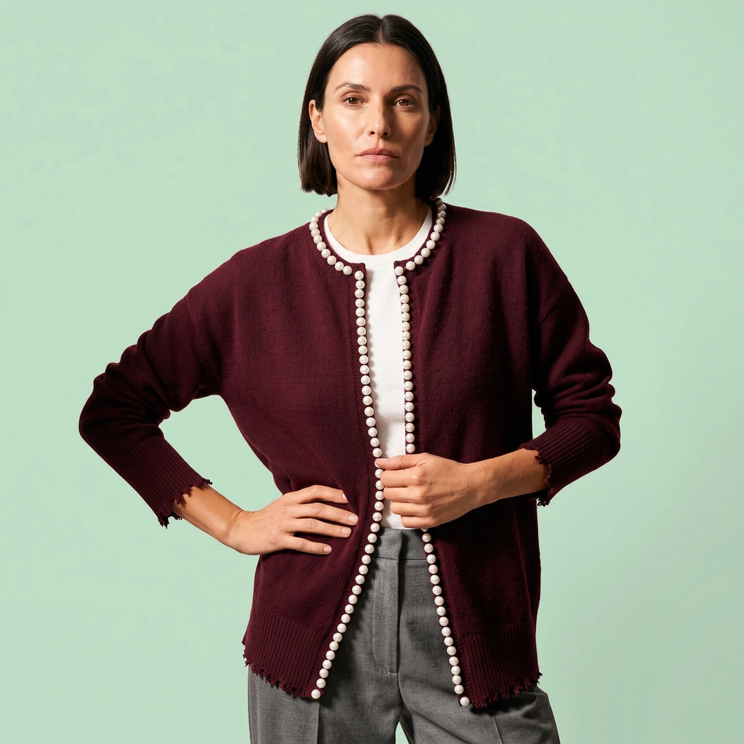 Felicity Pearl Edge Open Front Cardigan - Burgundy