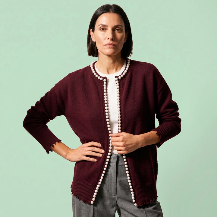 Felicity Pearl Edge Open Front Cardigan - Burgundy
